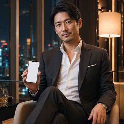 夜のホテルラウンジで婚活アプリを確認するスーツ姿の成人男性